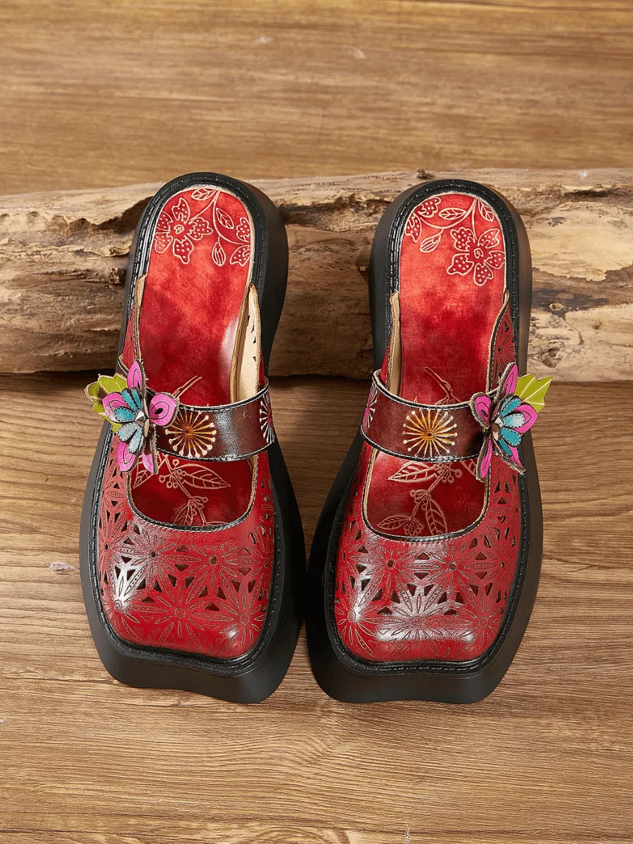 Floral Perforated Red Leather Clog