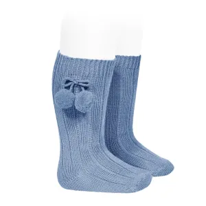French Blue Knee High Pom Pom Socks