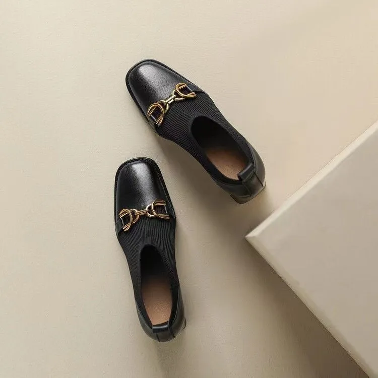 French Retro Soft Leather Square Toe High Heels