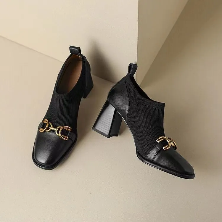 French Retro Soft Leather Square Toe High Heels