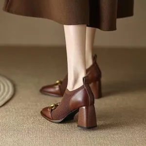 French Retro Soft Leather Square Toe High Heels