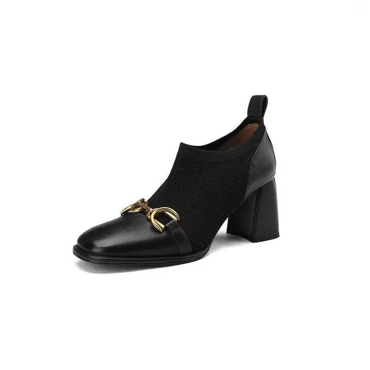 French Retro Soft Leather Square Toe High Heels