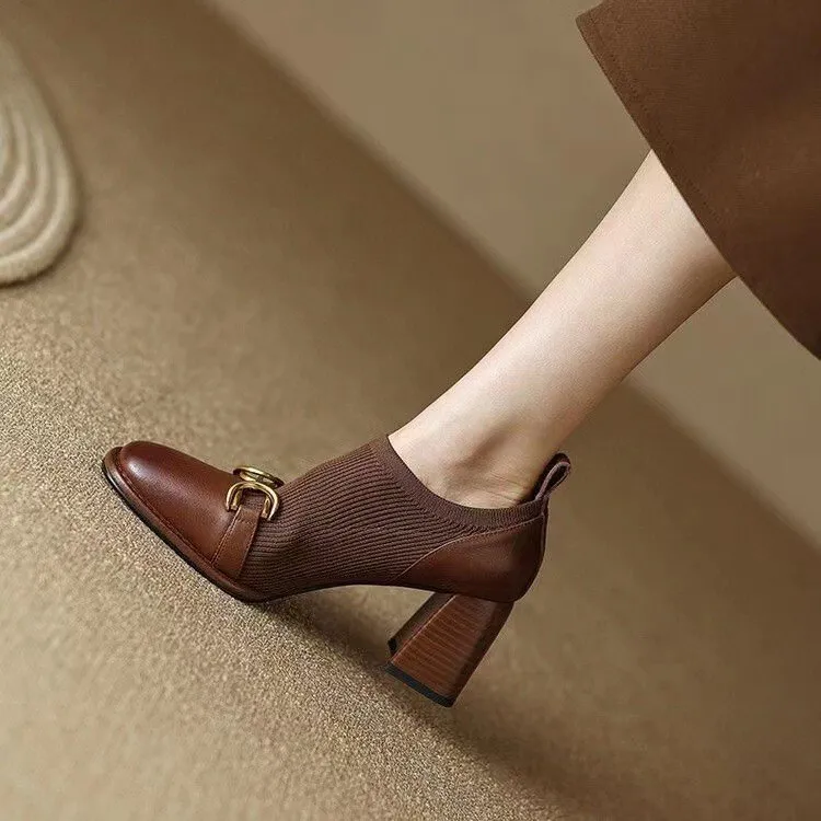 French Retro Soft Leather Square Toe High Heels