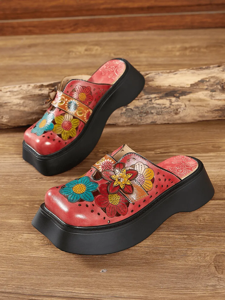 Geometry Perforated Red Leather Mule