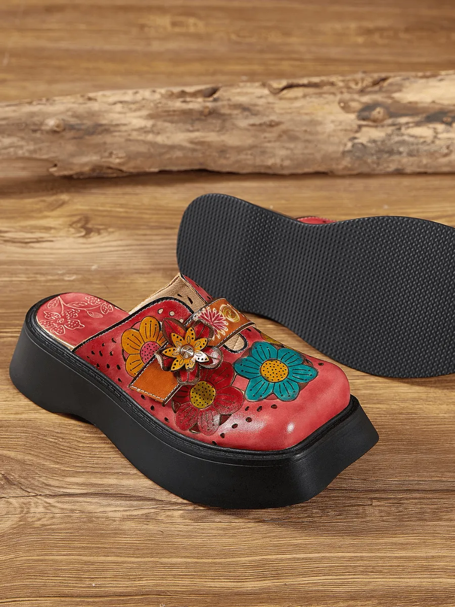 Geometry Perforated Red Leather Mule
