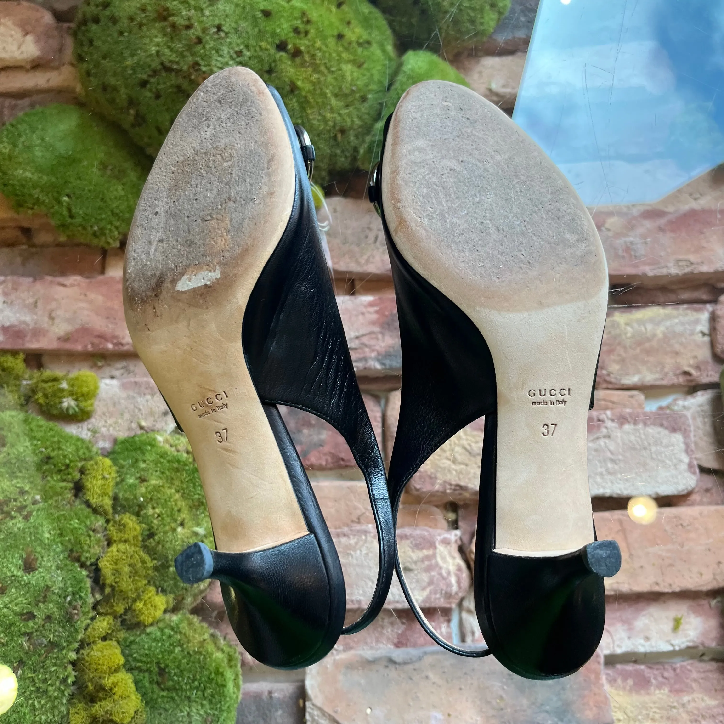 GUCCI Black Leather Horsebit Slingback Kitten Heels SZ37(7US)