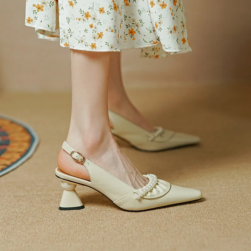 Gwen White Slingback Heels with Pearls