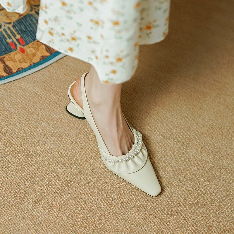 Gwen White Slingback Heels with Pearls
