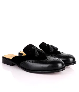 John Foster Brogue Suede Tassel Mule|Black