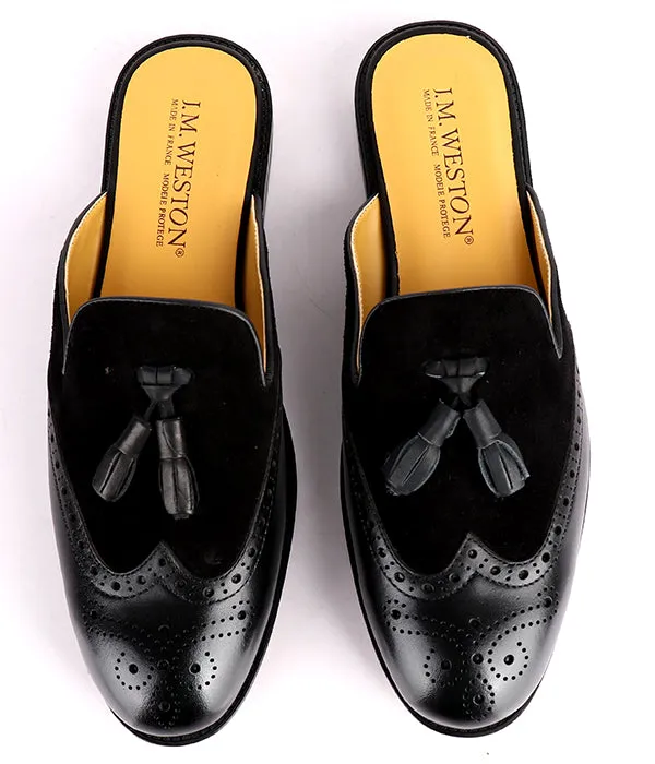 John Foster Brogue Suede Tassel Mule|Black
