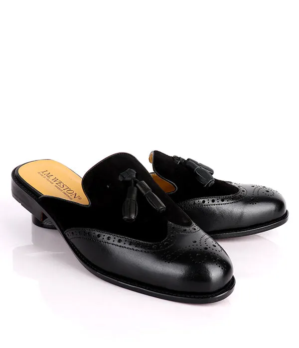 John Foster Brogue Suede Tassel Mule|Black