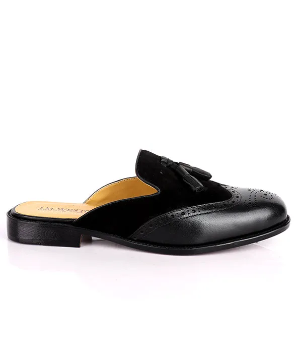 John Foster Brogue Suede Tassel Mule|Black