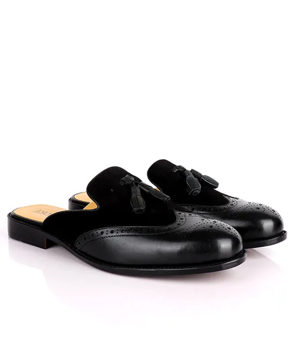 John Foster Brogue Suede Tassel Mule|Black