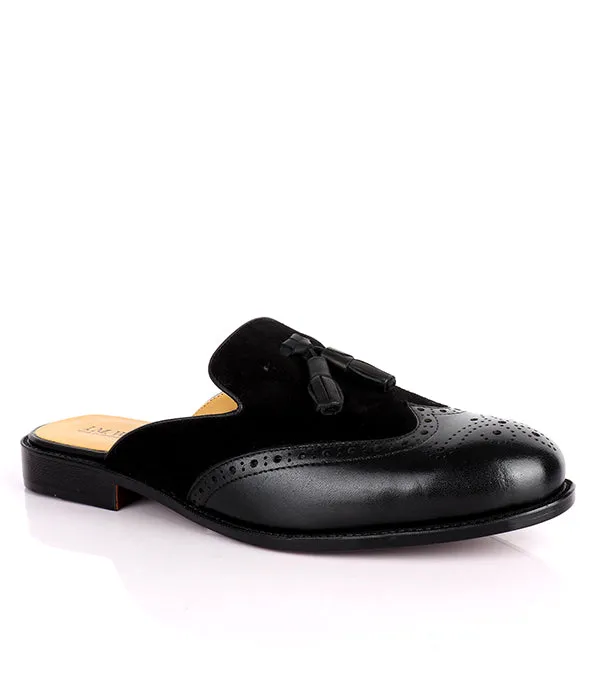 John Foster Brogue Suede Tassel Mule|Black
