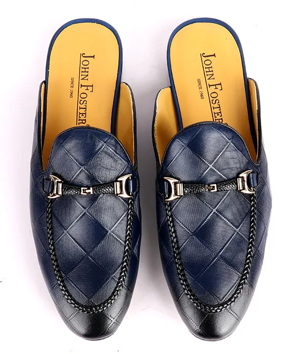 John Foster Squared Pattern Horsebit Mules|Blue