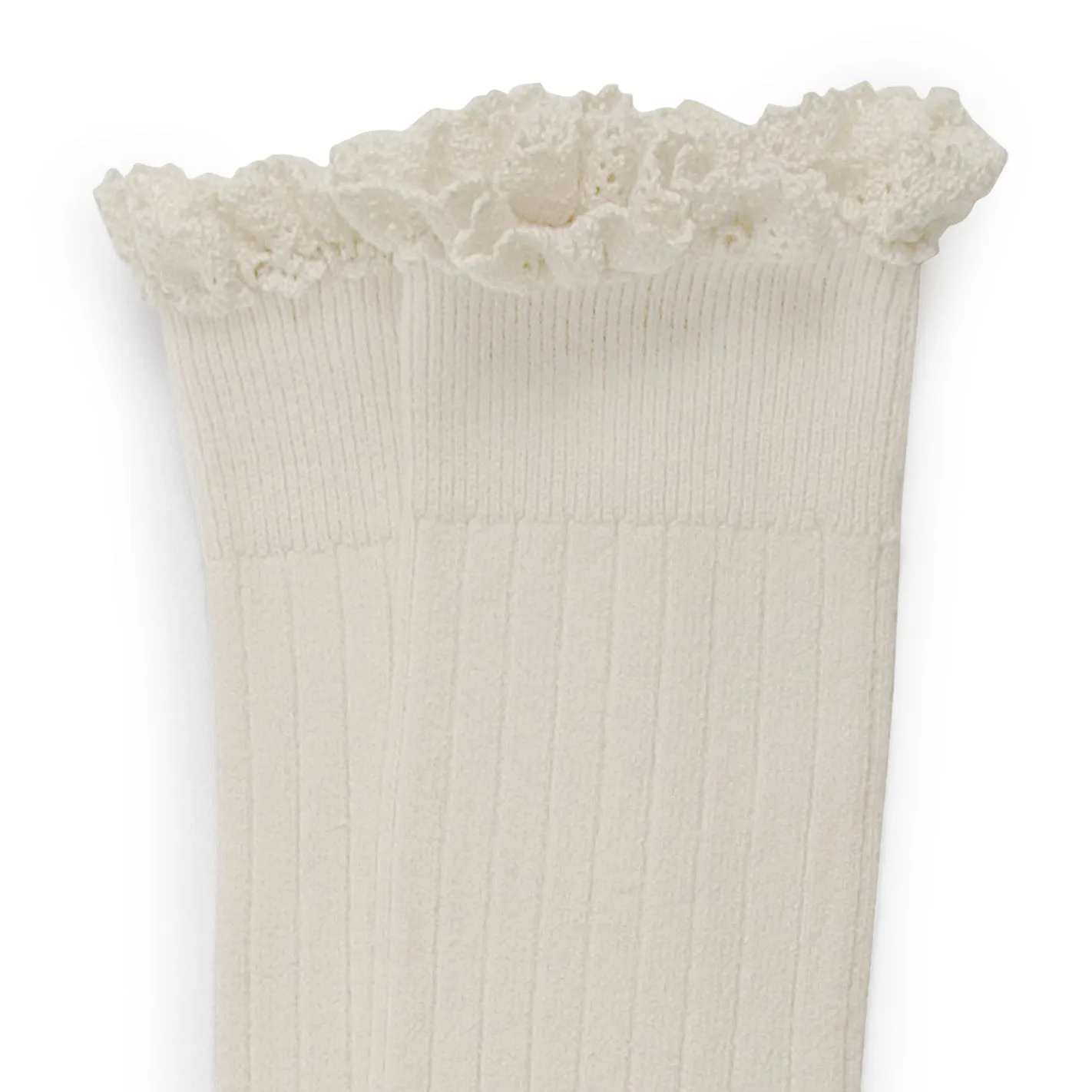Josephine - Lace Trim Ribbed Knee-high Socks - 908 Bianco Neige