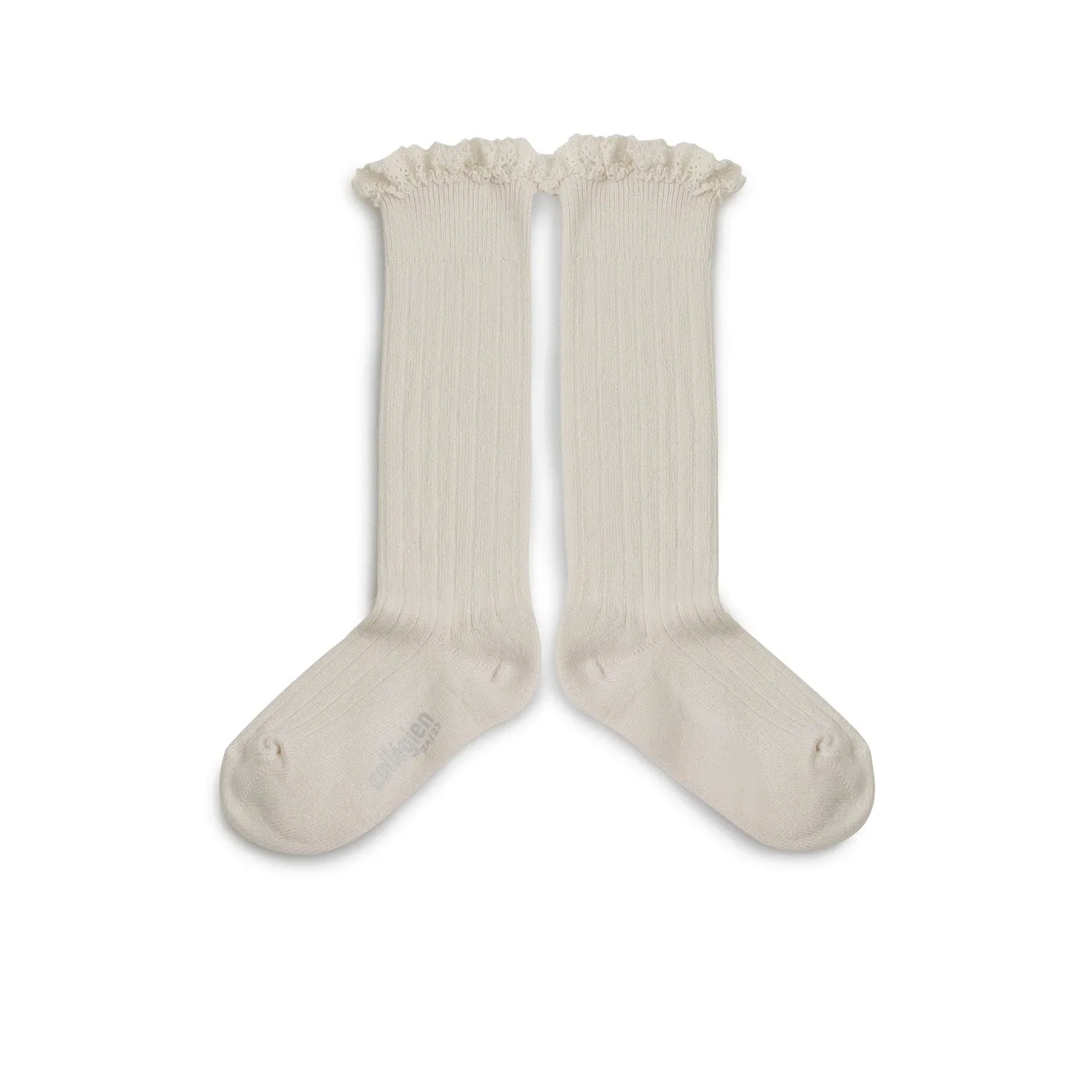 Josephine - Lace Trim Ribbed Knee-high Socks - 908 Bianco Neige
