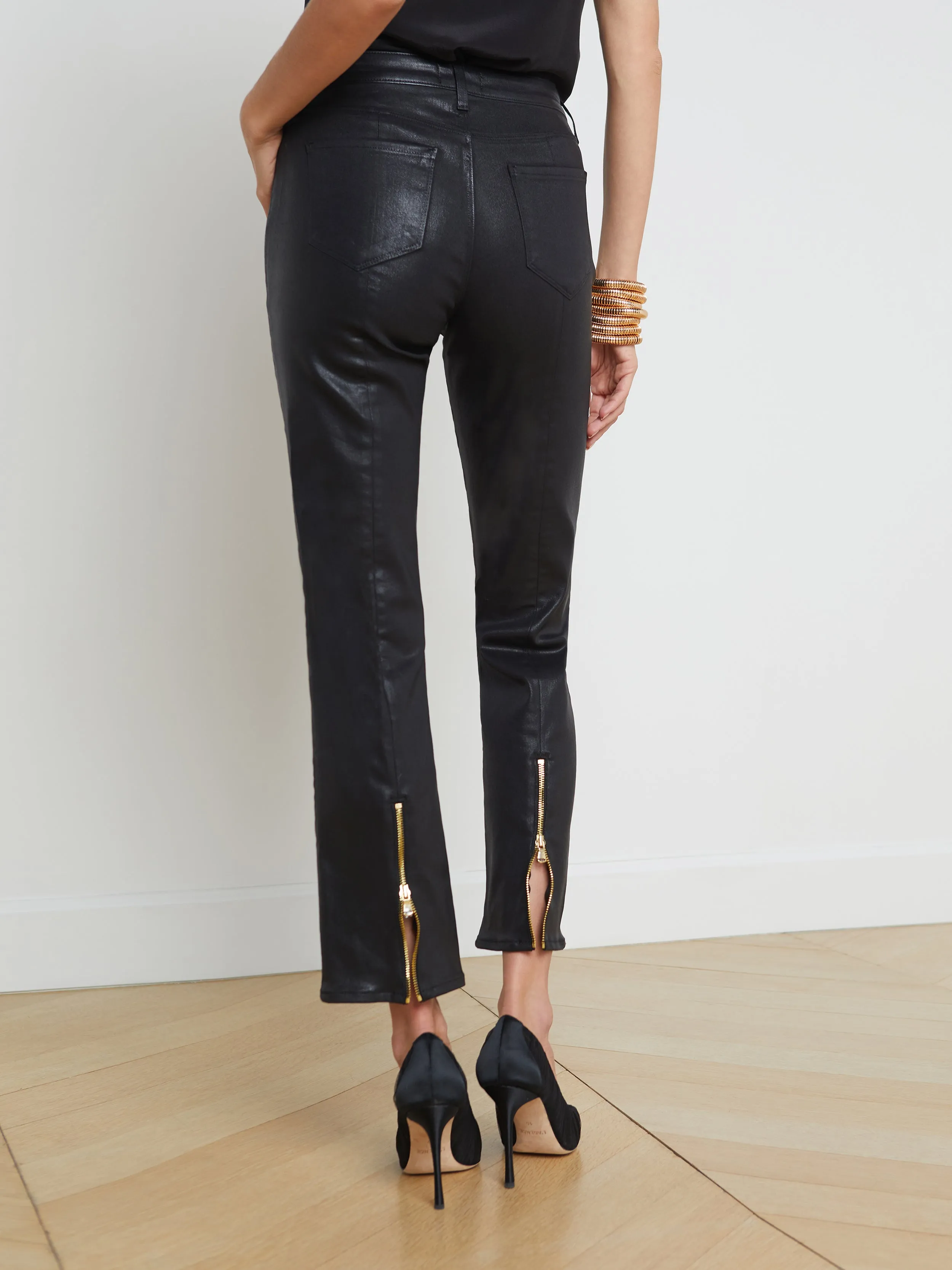 L'Agence - Ginny High Rise Straight Coated Jean - Noir Coated