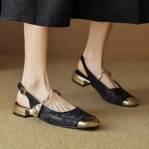 Leather Slingback Mary Jane Sandals for Women with Low Chunky Heel Shoes