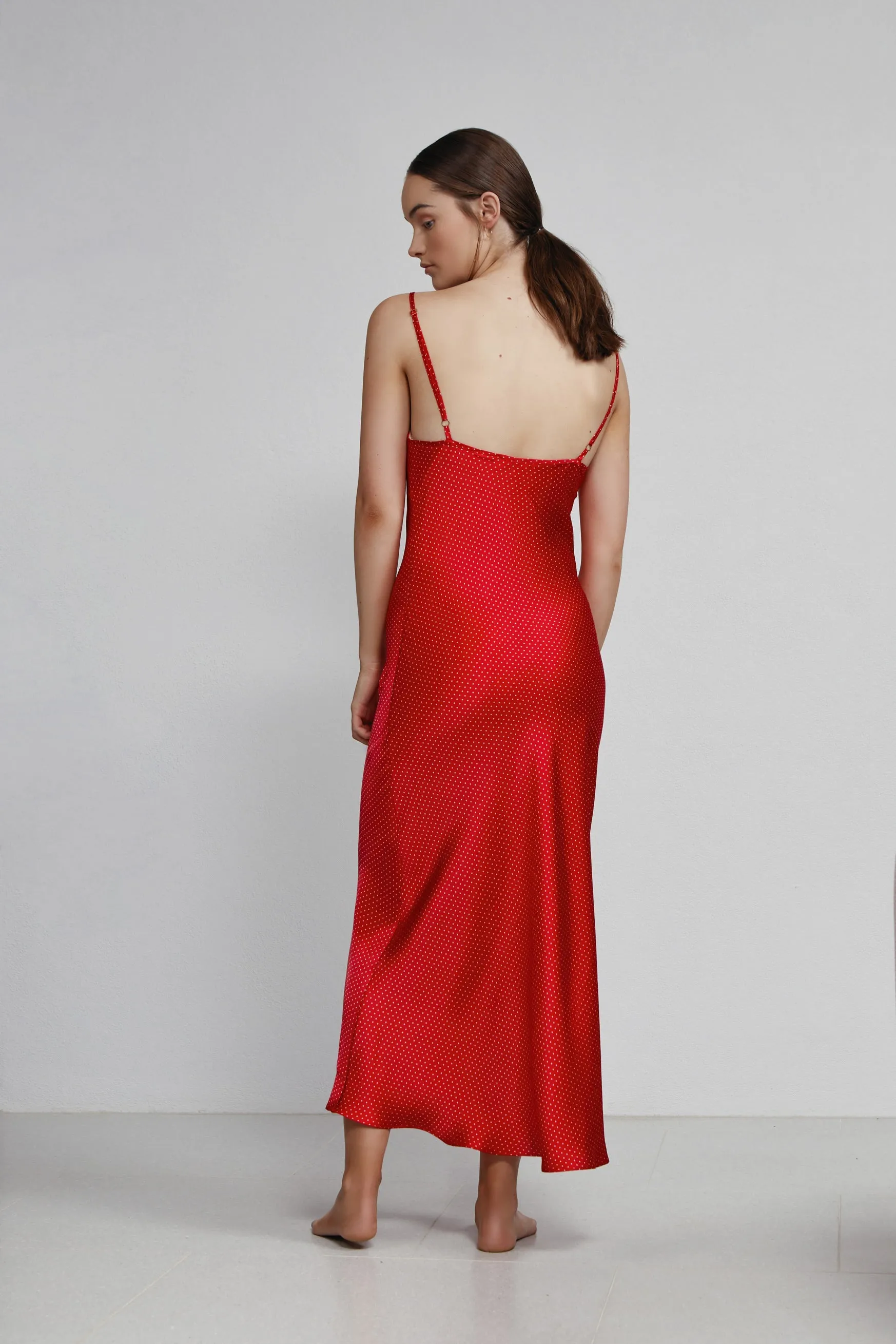 long v neck slip dress, ruby dot (seconds)