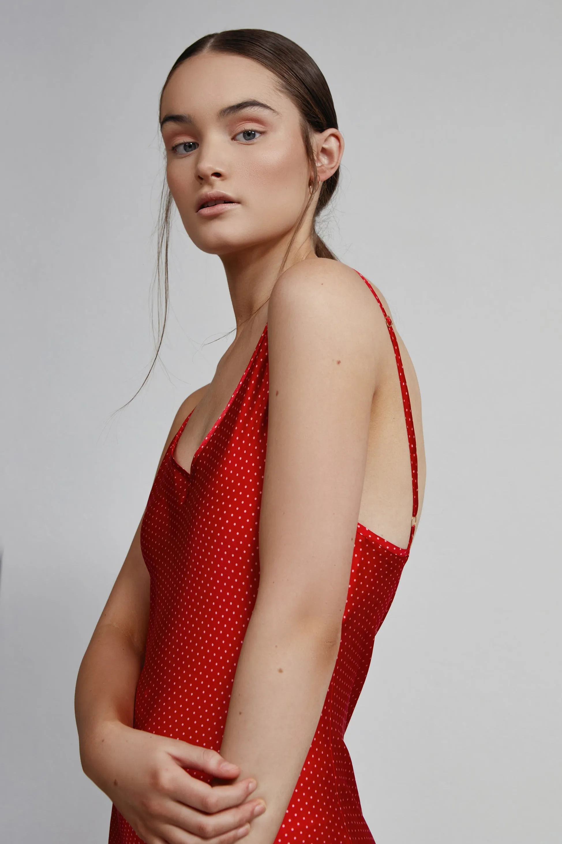 long v neck slip dress, ruby dot (seconds)
