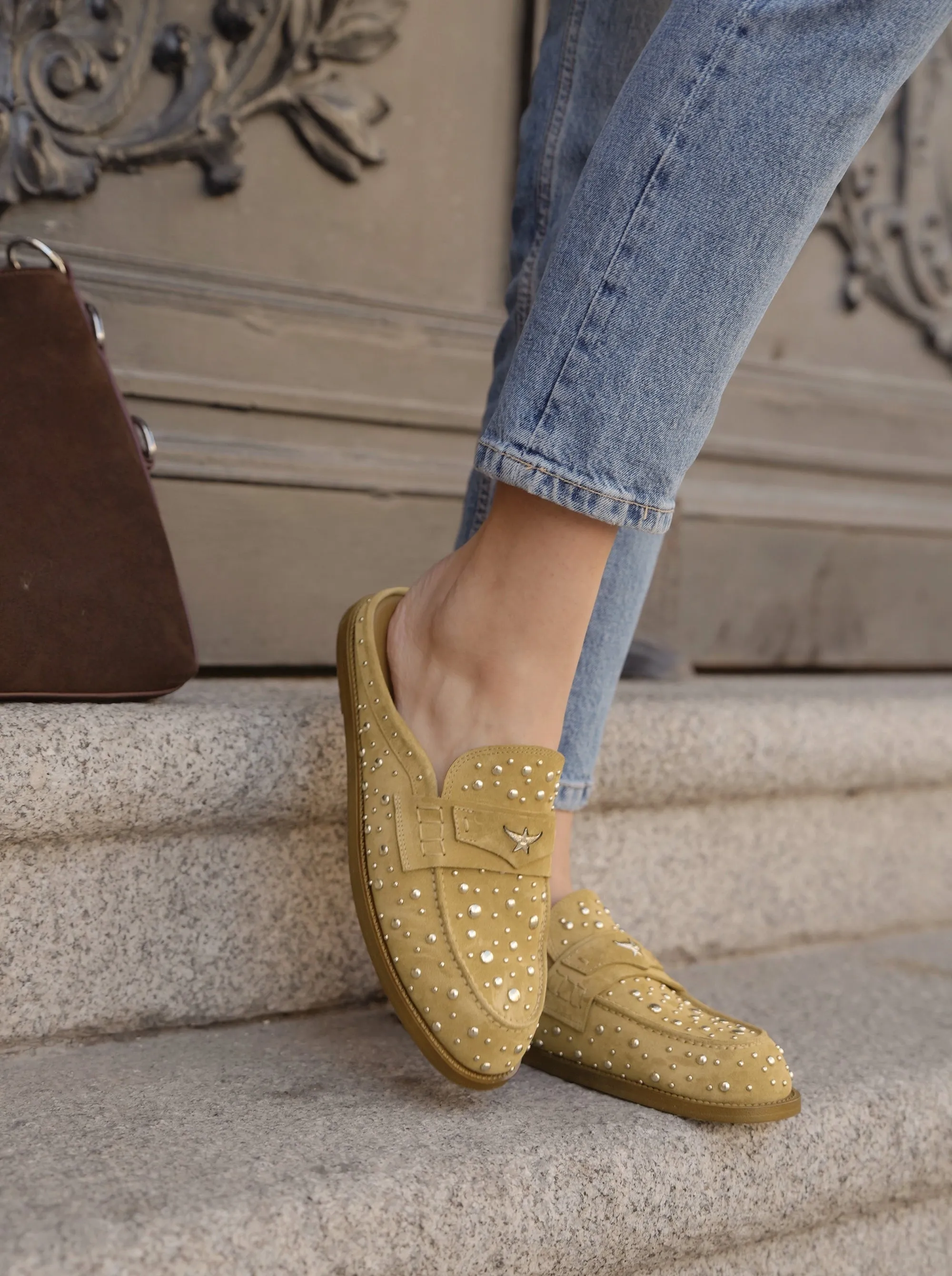 MAMO PING CAMEL SUEDE MULES SLIPPERS