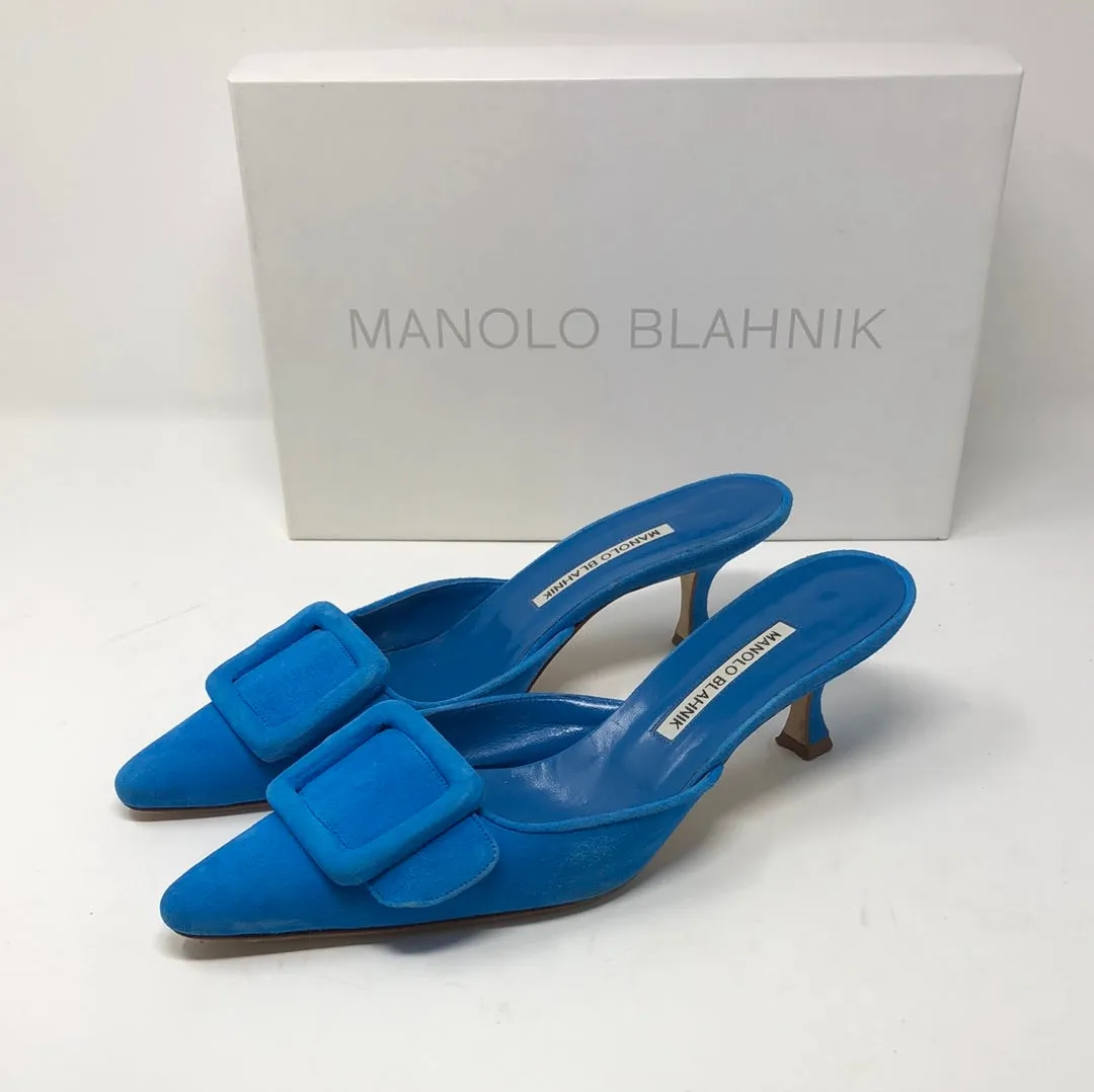 Manolo Blahnik Blue Suede Maysale Buckle Mule