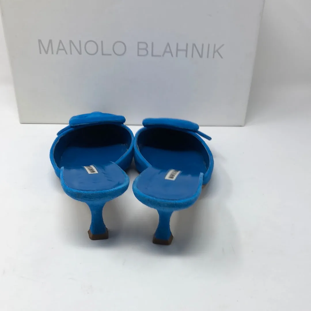 Manolo Blahnik Blue Suede Maysale Buckle Mule