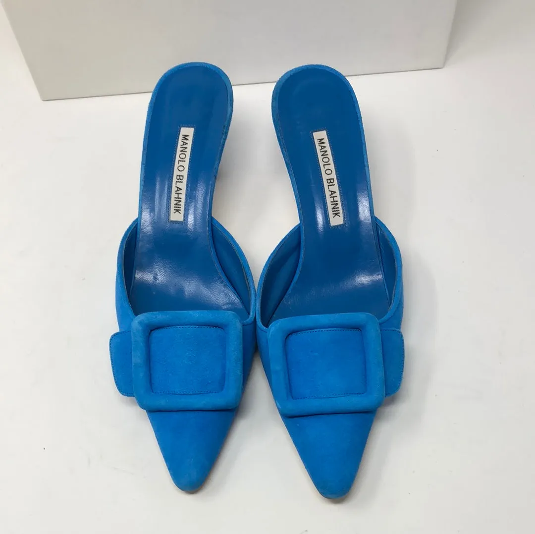 Manolo Blahnik Blue Suede Maysale Buckle Mule