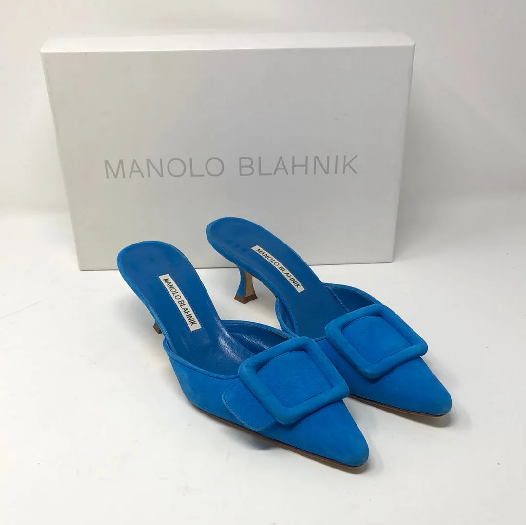 Manolo Blahnik Blue Suede Maysale Buckle Mule