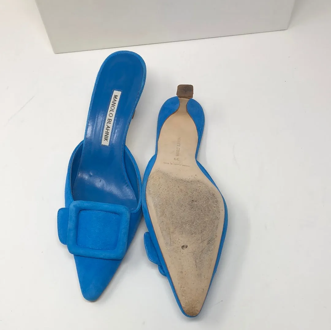 Manolo Blahnik Blue Suede Maysale Buckle Mule