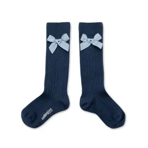 Marinette - Ribbed Knee-high socks w Striped Bow - 044 Nuit Etoile