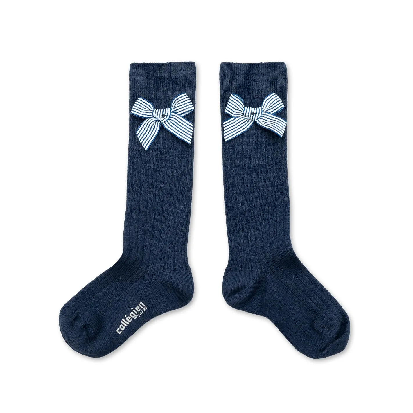 Marinette - Ribbed Knee-high socks w Striped Bow - 044 Nuit Etoile