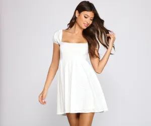 Mesmerizing Beauty Puff Charming Sleeve Eyelet Skater Dress