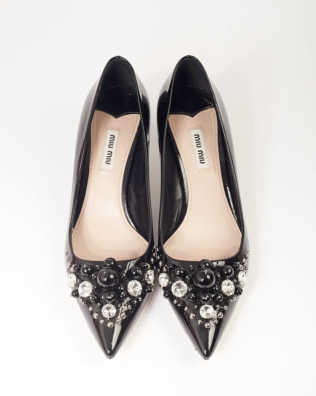 Miu Miu Black Patent Leather Pearl & Crystal Embellished Pointed Toe Kitten Heel Pumps - 39