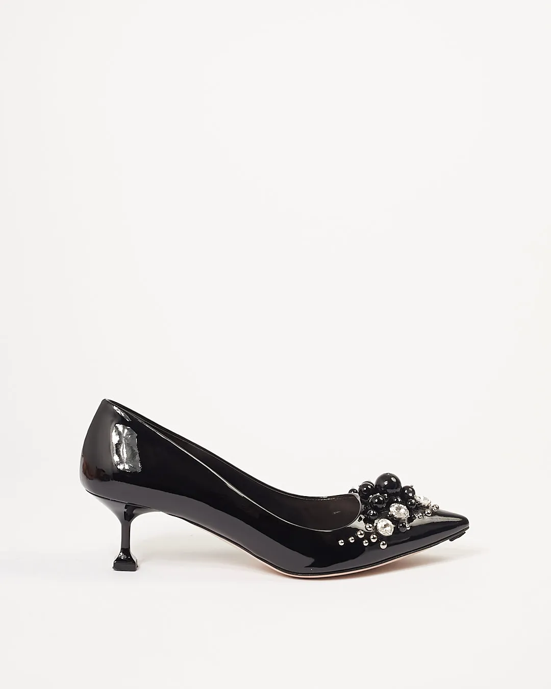 Miu Miu Black Patent Leather Pearl & Crystal Embellished Pointed Toe Kitten Heel Pumps - 39