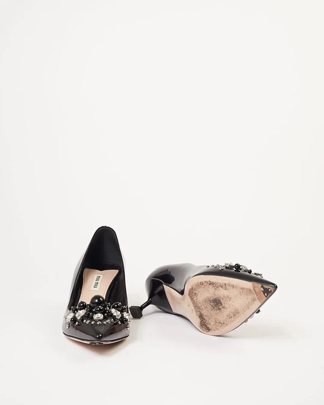Miu Miu Black Patent Leather Pearl & Crystal Embellished Pointed Toe Kitten Heel Pumps - 39