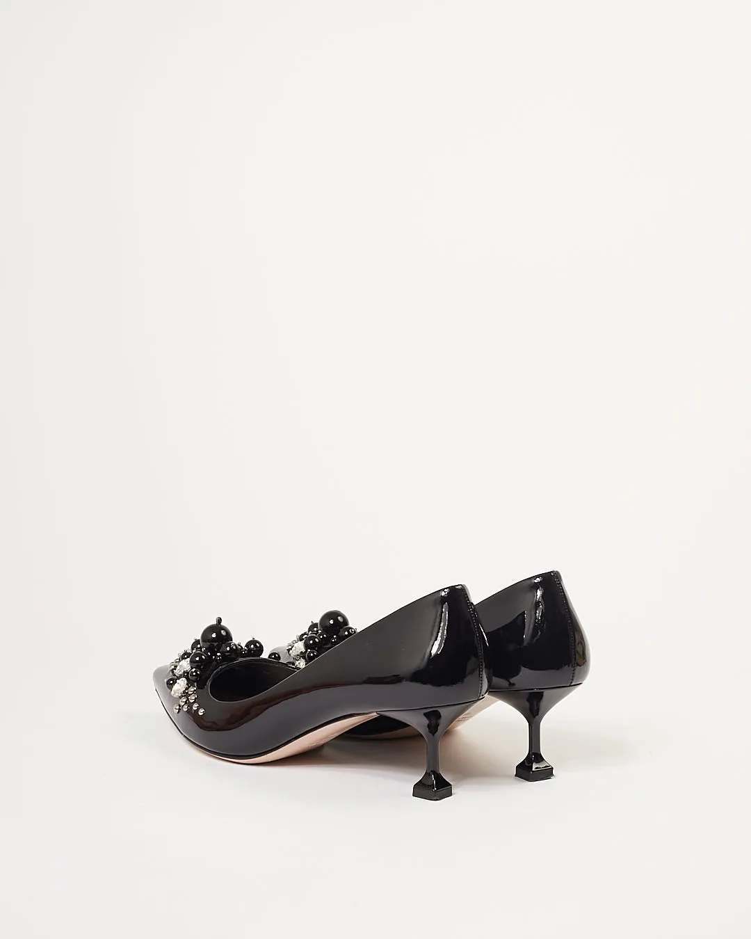 Miu Miu Black Patent Leather Pearl & Crystal Embellished Pointed Toe Kitten Heel Pumps - 39