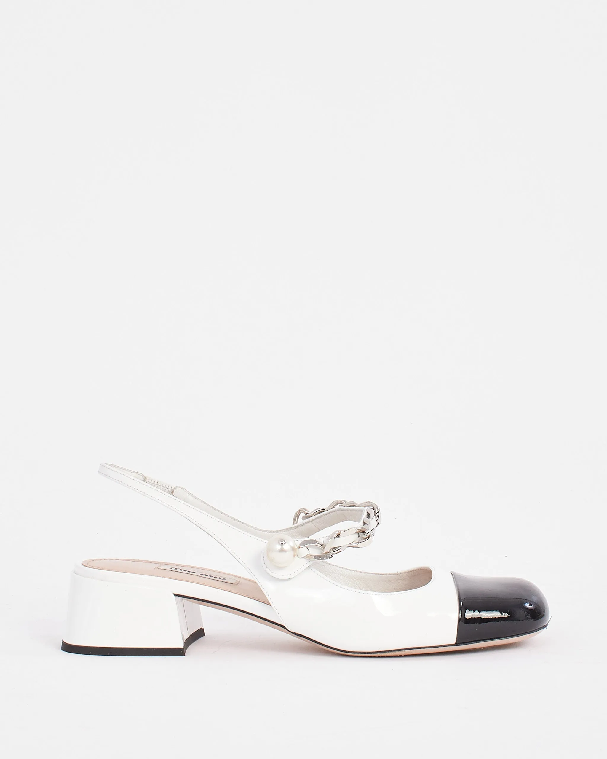 Miu Miu White Patent Leather Mary Jane Pumps With Pearl Strap - 37.5