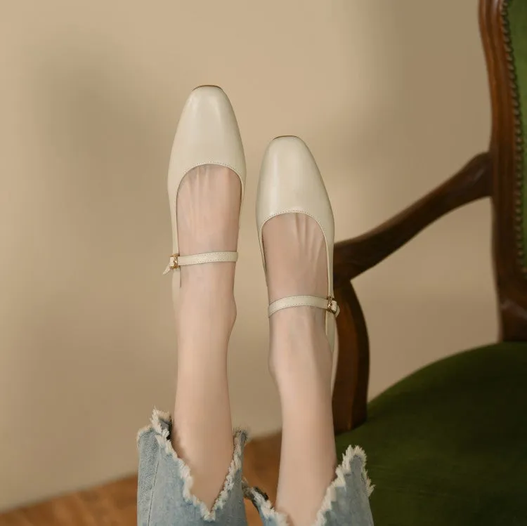 Off-White Beige Rounded Toe Mary Jane Flats #001124
