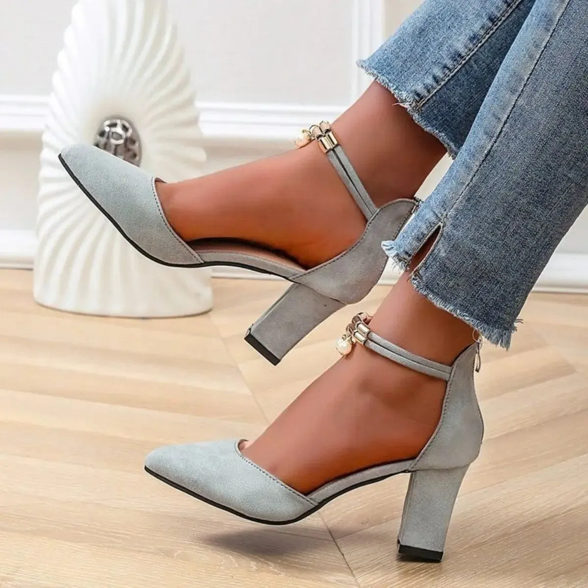 'Opal' Leather Ankle Strap Block Heels