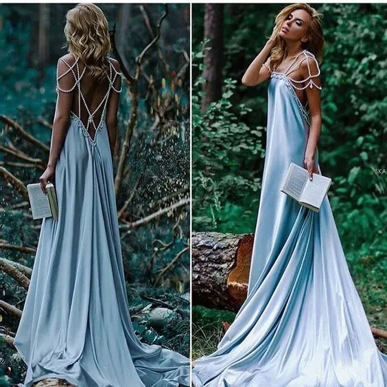 Pearl Beaded Backless Sexy Prom Evening Dress,Dusty Blue Holiday Dress, Open Back Bridesmaid Dress