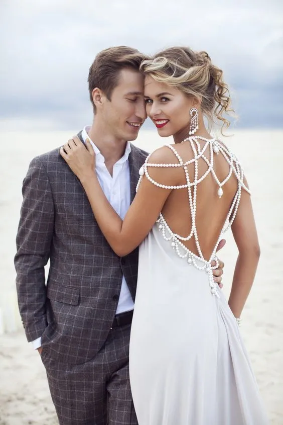 Pearl Beaded Backless Sexy Prom Evening Dress,Dusty Blue Holiday Dress, Open Back Bridesmaid Dress