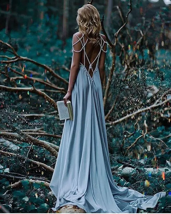 Pearl Beaded Backless Sexy Prom Evening Dress,Dusty Blue Holiday Dress, Open Back Bridesmaid Dress