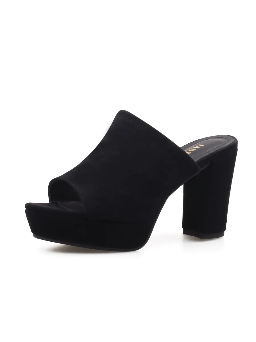 Peep Toe Leather Platform Mule - Black