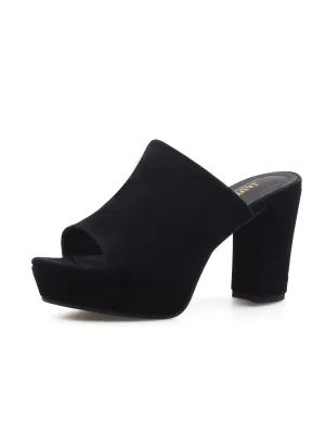 Peep Toe Leather Platform Mule - Black