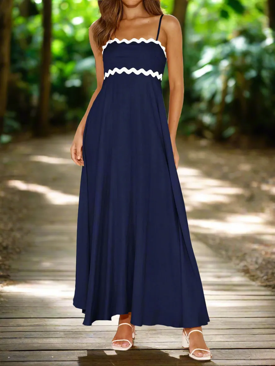PrettyGarden Summer Sundress Women Spaghetti Strap Maxi Dress 2024 Flowy A-Line Beach Dress Navy Large