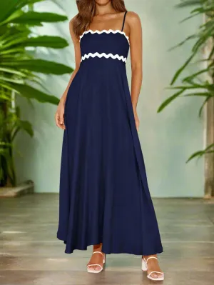 PrettyGarden Summer Sundress Women Spaghetti Strap Maxi Dress 2024 Flowy A-Line Beach Dress Navy Large