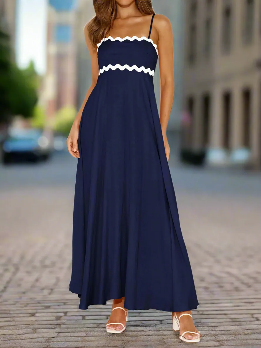 PrettyGarden Summer Sundress Women Spaghetti Strap Maxi Dress 2024 Flowy A-Line Beach Dress Navy Large