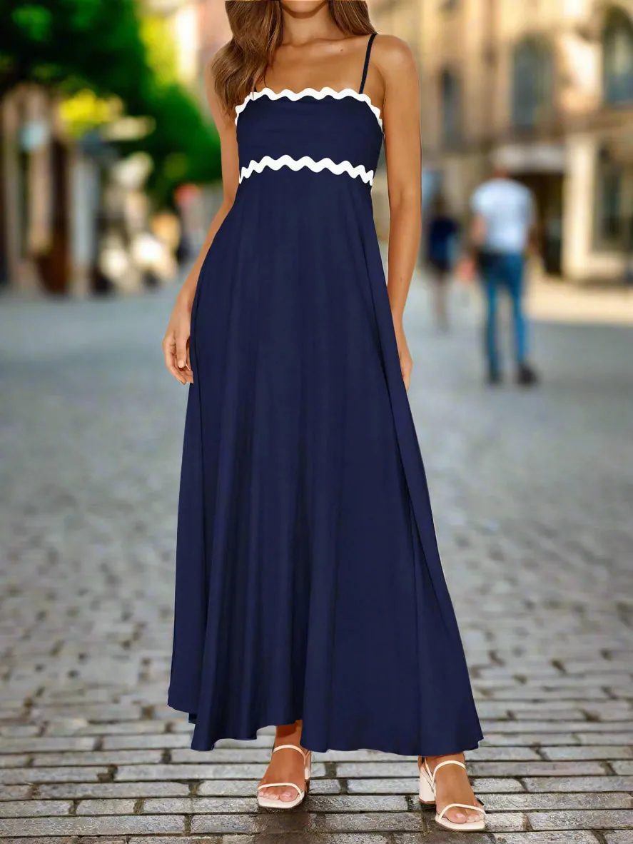PrettyGarden Summer Sundress Women Spaghetti Strap Maxi Dress 2024 Flowy A-Line Beach Dress Navy Large